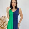 Vestido Midi Amplo sem Bojo Alça Larga Azul Marinho e Verde - Fernanda Ramos Store