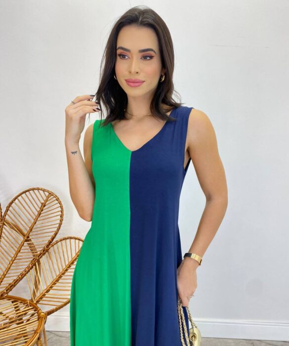 Vestido Midi Amplo sem Bojo Alça Larga Azul Marinho e Verde - Fernanda Ramos Store