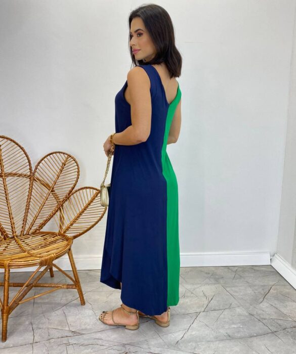 Vestido Midi Amplo sem Bojo Alça Larga Azul Marinho e Verde - Fernanda Ramos Store