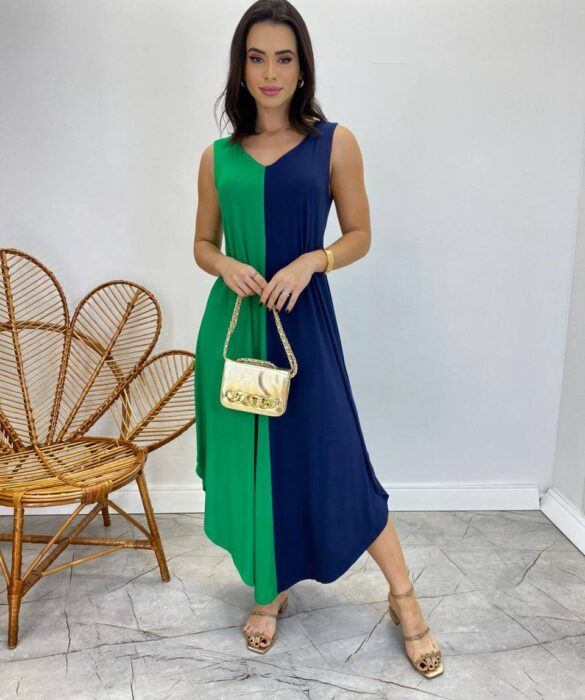 Vestido Midi Amplo sem Bojo Alça Larga Azul Marinho e Verde - Fernanda Ramos Store