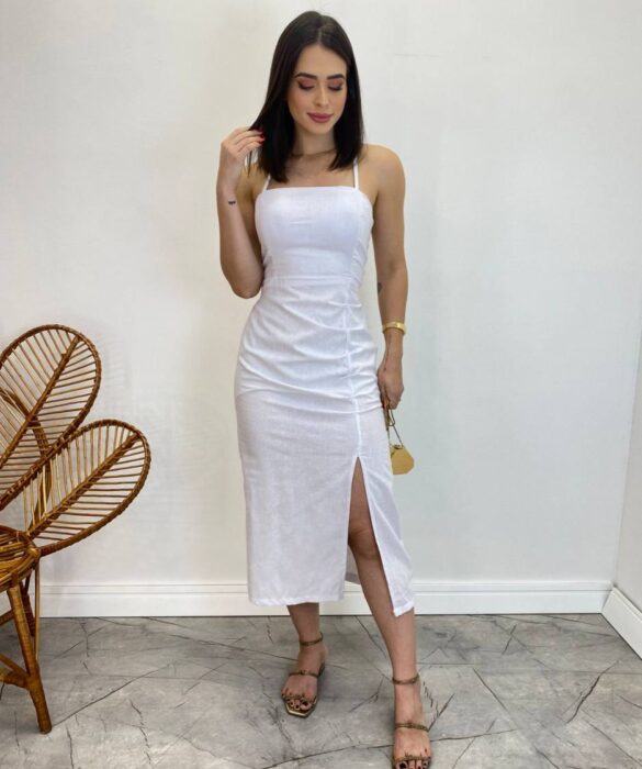 Vestido Midi Ana Júlia com Bojo e Fenda Lateral Branco - Fernanda Ramos Store