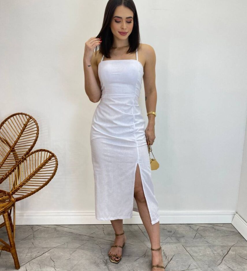Vestido Midi Ana Júlia com Bojo e Fenda Lateral Branco - Fernanda Ramos Store