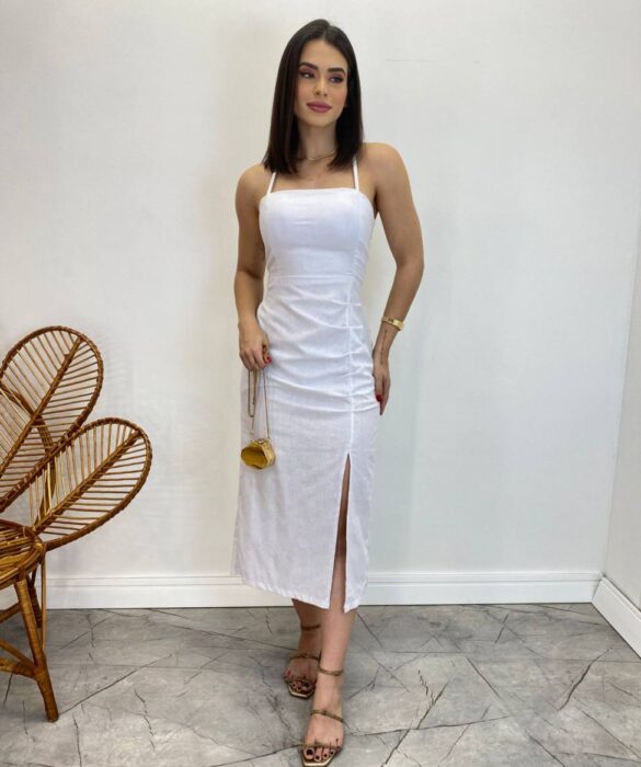 Vestido Midi Ana Júlia com Bojo e Fenda Lateral Branco - Fernanda Ramos Store