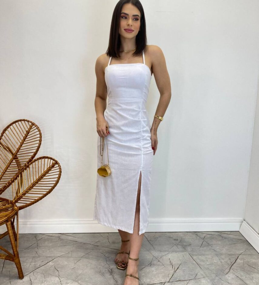 Vestido Midi Ana Júlia com Bojo e Fenda Lateral Branco - Fernanda Ramos Store