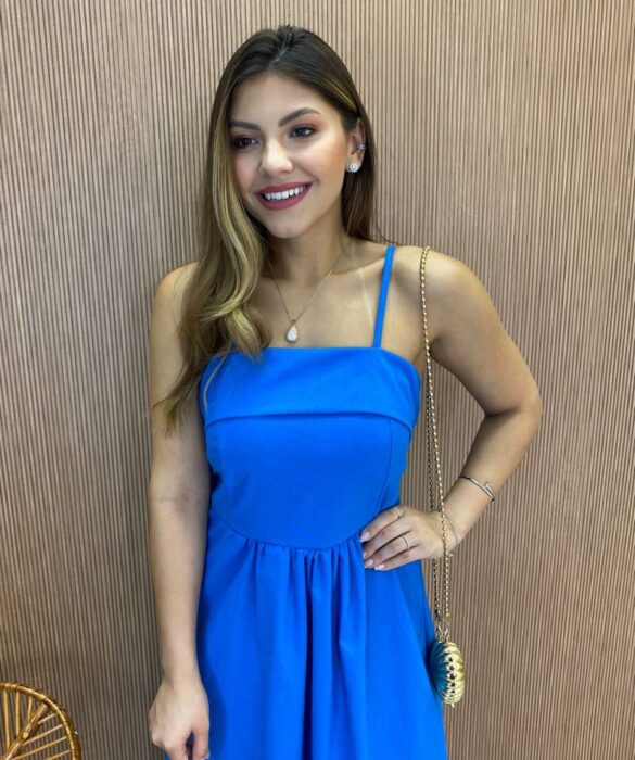 Vestido Midi Ana Júlia de Linho com Amarração Atrás Azul - Fernanda Ramos Store