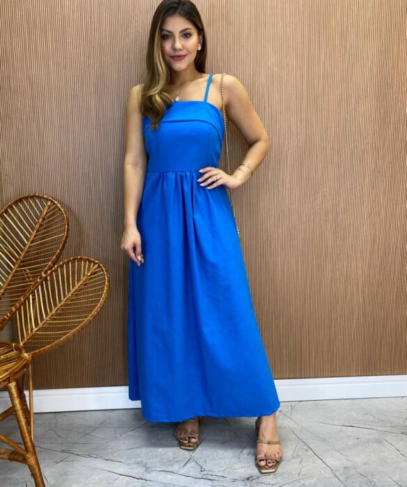 Vestido Midi Ana Júlia de Linho com Amarração Atrás Azul - Fernanda Ramos Store