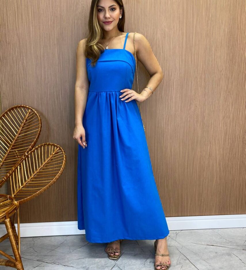 Vestido Midi Ana Júlia de Linho com Amarração Atrás Azul - Fernanda Ramos Store