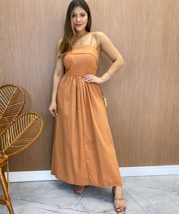 Vestido Midi Ana Júlia de Linho com Amarração Atrás Caramelo - Fernanda Ramos Store