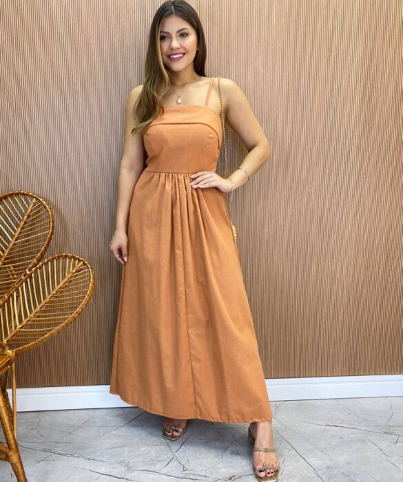 Vestido Midi Ana Júlia de Linho com Amarração Atrás Caramelo - Fernanda Ramos Store