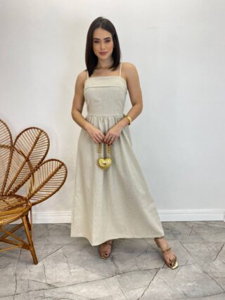 Vestido Midi Ana Júlia de Linho com Amarração Atrás Cru - Fernanda Ramos Store