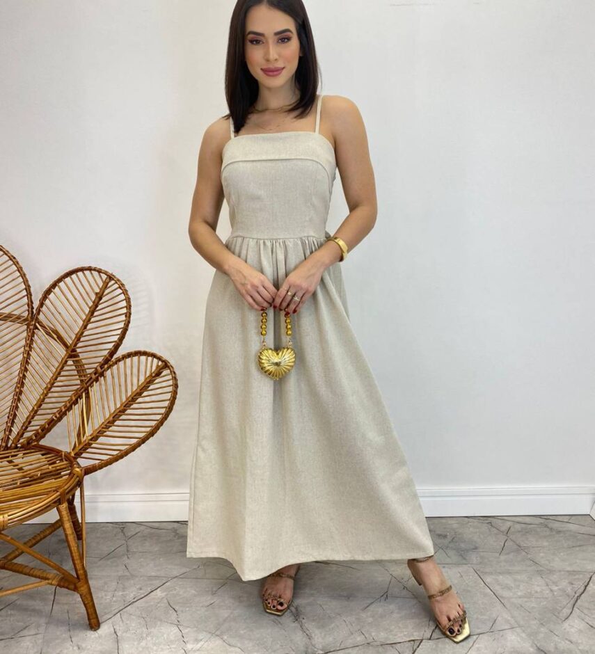Vestido Midi Ana Júlia de Linho com Amarração Atrás Cru - Fernanda Ramos Store
