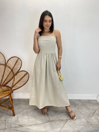 Vestido Midi Ana Júlia de Linho com Amarração Atrás Cru - Fernanda Ramos Store