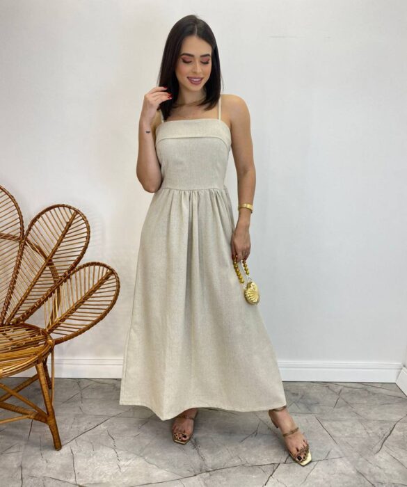 Vestido Midi Ana Júlia de Linho com Amarração Atrás Cru - Fernanda Ramos Store