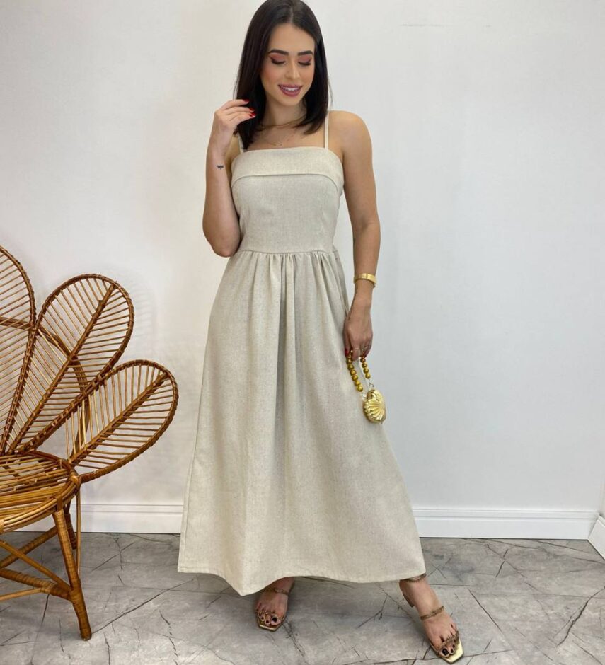 Vestido Midi Ana Júlia de Linho com Amarração Atrás Cru - Fernanda Ramos Store