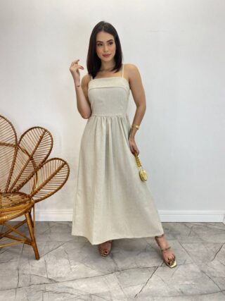 Vestido Midi Ana Júlia de Linho com Amarração Atrás Cru - Fernanda Ramos Store