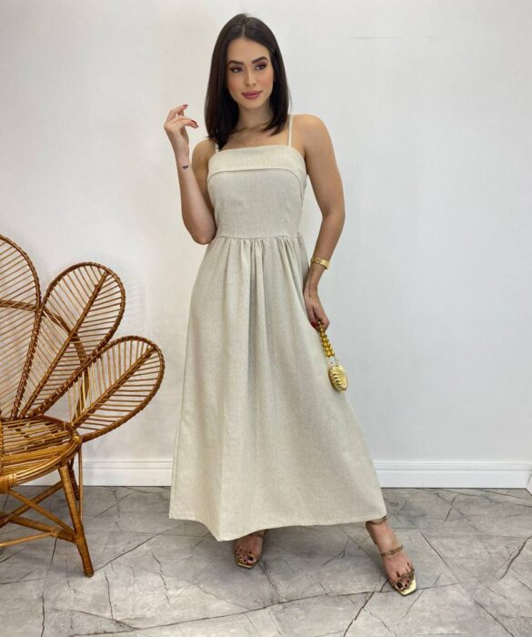 Vestido Midi Ana Júlia de Linho com Amarração Atrás Cru - Fernanda Ramos Store