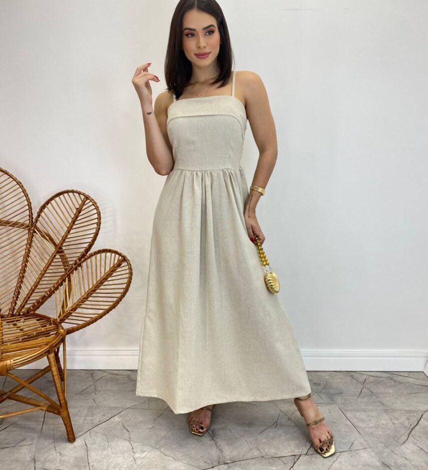 Vestido Midi Ana Júlia de Linho com Amarração Atrás Cru - Fernanda Ramos Store