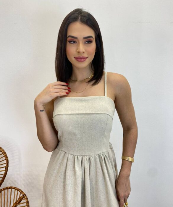 Vestido Midi Ana Júlia de Linho com Amarração Atrás Cru - Fernanda Ramos Store