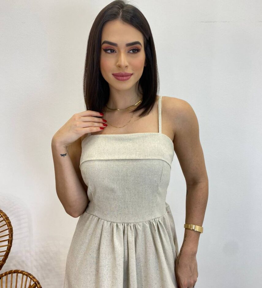 Vestido Midi Ana Júlia de Linho com Amarração Atrás Cru - Fernanda Ramos Store