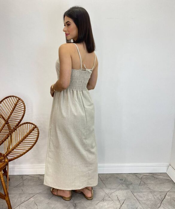 Vestido Midi Ana Júlia de Linho com Amarração Atrás Cru - Fernanda Ramos Store