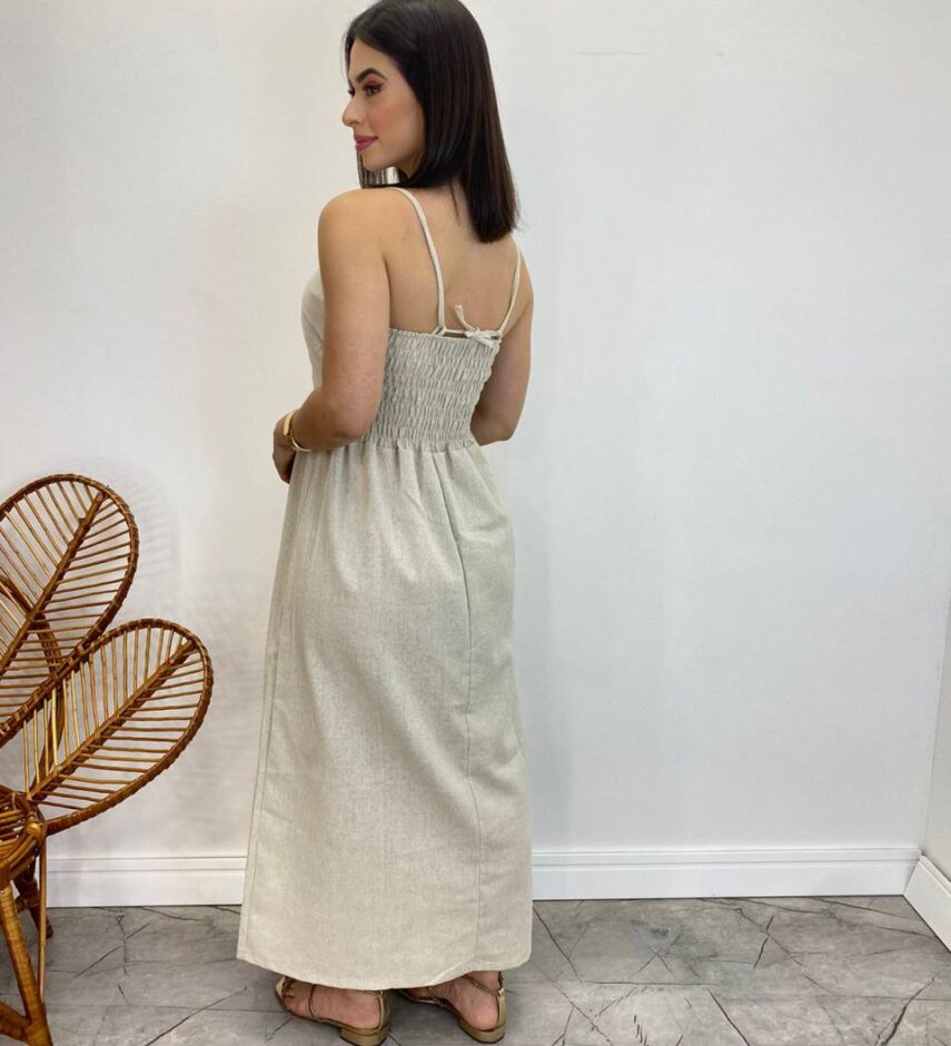 Vestido Midi Ana Júlia de Linho com Amarração Atrás Cru - Fernanda Ramos Store