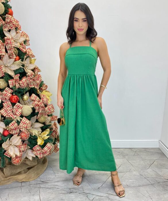 Vestido Midi Ana Júlia de Linho com Amarração Atrás Verde - Fernanda Ramos Store