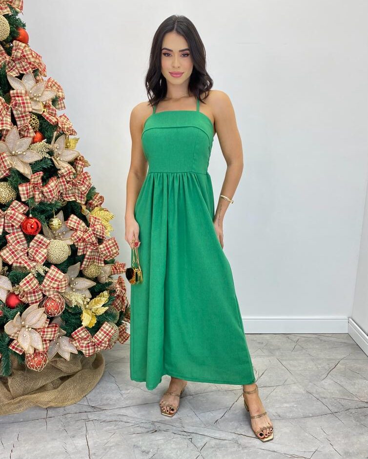 Vestido Midi Ana Júlia de Linho com Amarração Atrás Verde - Fernanda Ramos Store