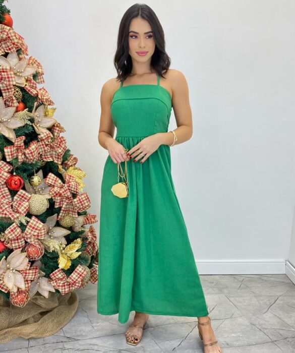 Vestido Midi Ana Júlia de Linho com Amarração Atrás Verde - Fernanda Ramos Store