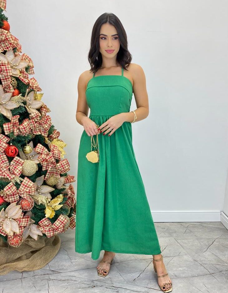 Vestido Midi Ana Júlia de Linho com Amarração Atrás Verde - Fernanda Ramos Store