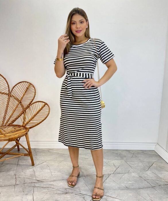 Vestido Midi Ana sem Bojo com Amarração de Malha Listrado Preto - Fernanda Ramos Store