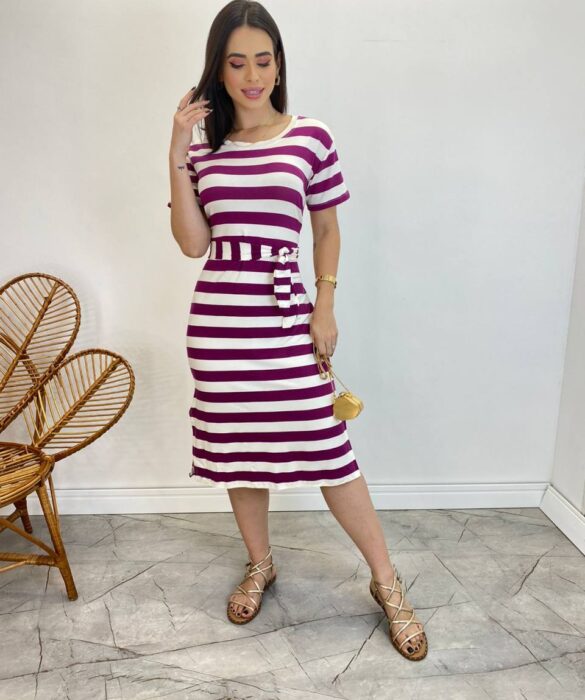 Vestido Midi Ana sem Bojo com Amarração de Malha Listrado Roxo - Fernanda Ramos Store