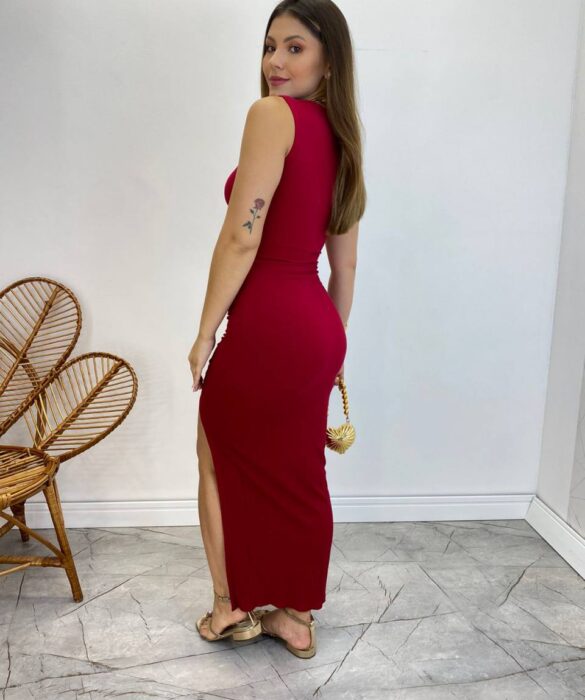 Vestido Midi Antonella sem Bojo com Fenda Lateral Marsala - Fernanda Ramos Store