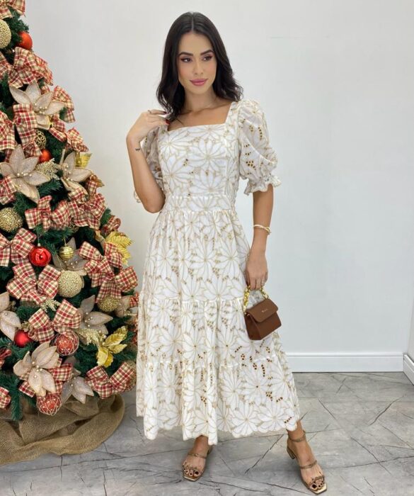 Vestido Midi Antonella sem Bojo Manga Princesa Laise Branco - Fernanda Ramos Store