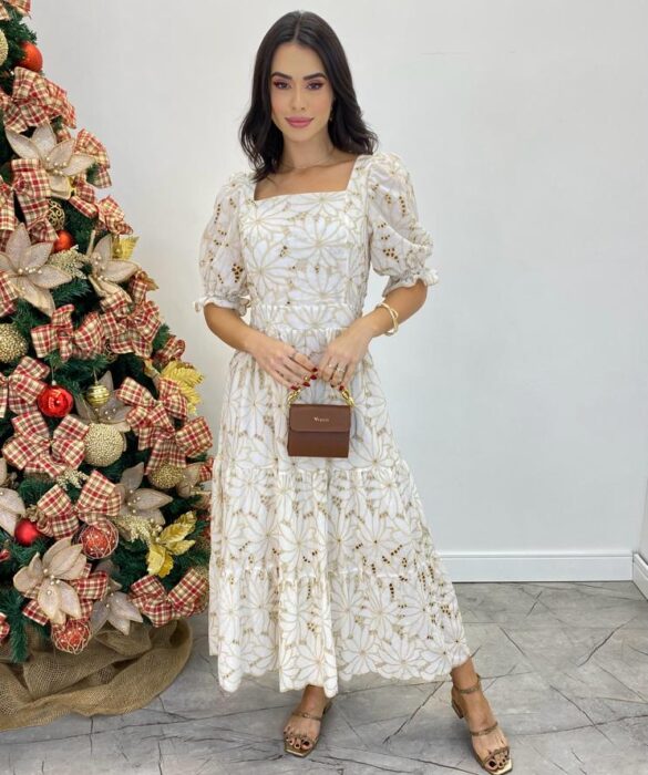 Vestido Midi Antonella sem Bojo Manga Princesa Laise Branco - Fernanda Ramos Store