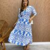 Vestido Midi Bia sem Bojo com Lastex Branco Estampa Floral Azul - Fernanda Ramos Store