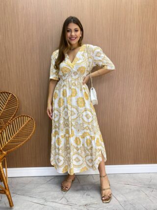 Vestido Midi Bia sem Bojo com Lastex Off White Estampa Floral - Fernanda Ramos Store