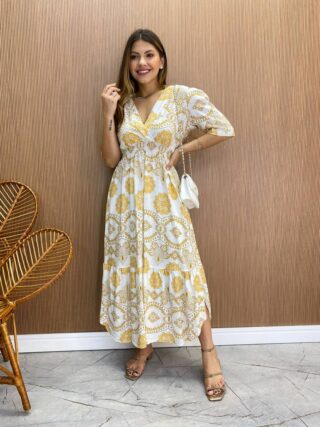 Vestido Midi Bia sem Bojo com Lastex Off White Estampa Floral - Fernanda Ramos Store