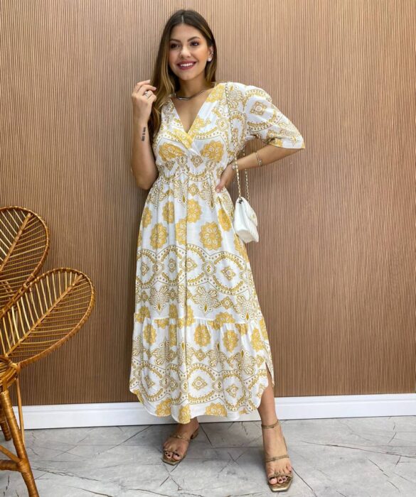 Vestido Midi Bia sem Bojo com Lastex Off White Estampa Floral - Fernanda Ramos Store