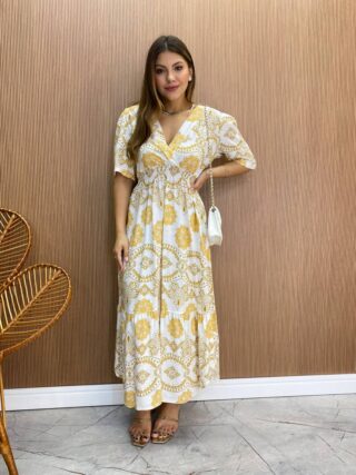 Vestido Midi Bia sem Bojo com Lastex Off White Estampa Floral - Fernanda Ramos Store