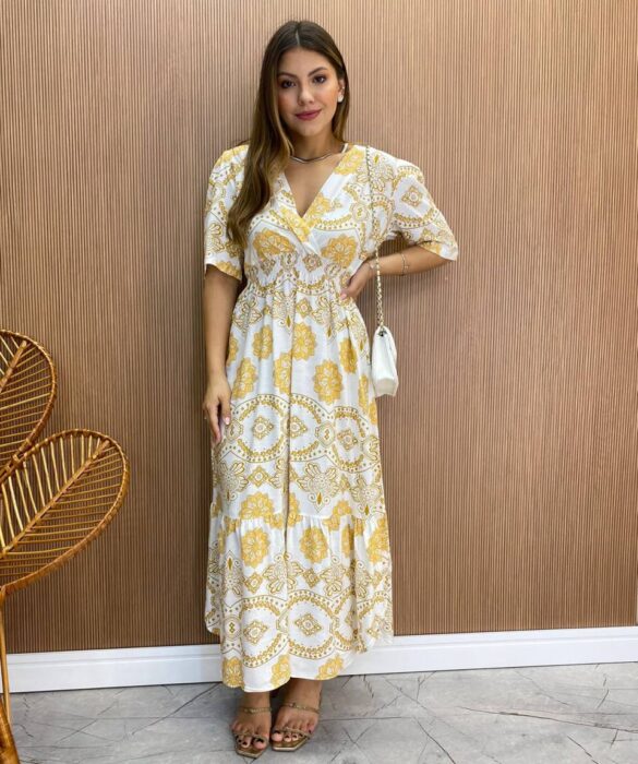 Vestido Midi Bia sem Bojo com Lastex Off White Estampa Floral - Fernanda Ramos Store