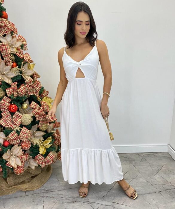 Vestido Midi Cecília Alça Regulável com Bojo e Abertura  Branco - Fernanda Ramos Store