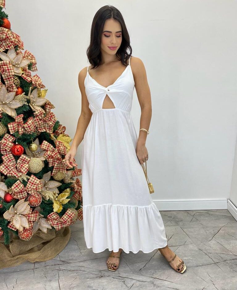 Vestido Midi Cecília Alça Regulável com Bojo e Abertura  Branco - Fernanda Ramos Store