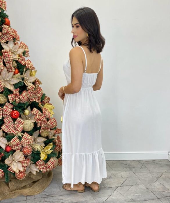 Vestido Midi Cecília Alça Regulável com Bojo e Abertura  Branco - Fernanda Ramos Store