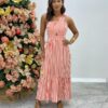 Vestido Midi com Bojo Nula Manga com Amarração no Ombro Listrado - Fernanda Ramos Store