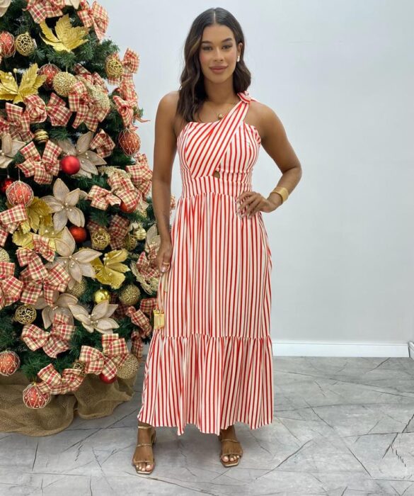 Vestido Midi com Bojo Nula Manga com Amarração no Ombro Listrado - Fernanda Ramos Store