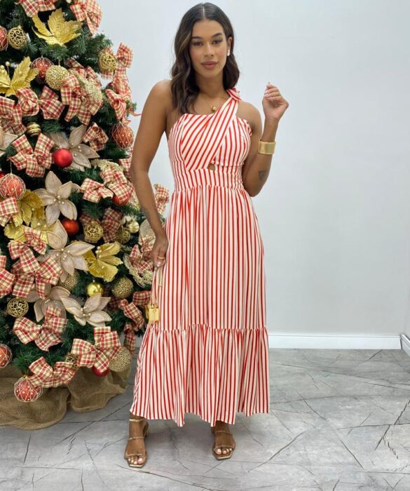 Vestido Midi com Bojo Nula Manga com Amarração no Ombro Listrado - Fernanda Ramos Store