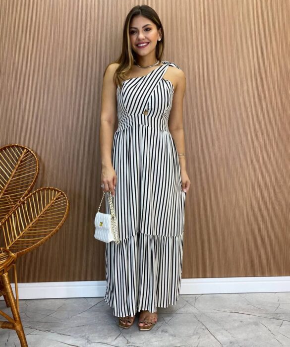 Vestido Midi com Bojo Nula Manga com Amarração no Ombro Listrado Preto - Fernanda Ramos Store