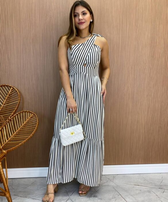 Vestido Midi com Bojo Nula Manga com Amarração no Ombro Listrado Preto - Fernanda Ramos Store