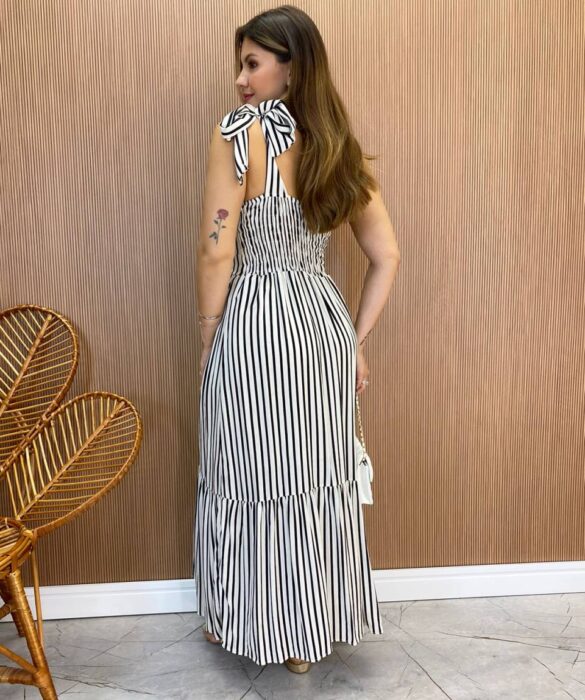 Vestido Midi com Bojo Nula Manga com Amarração no Ombro Listrado Preto - Fernanda Ramos Store