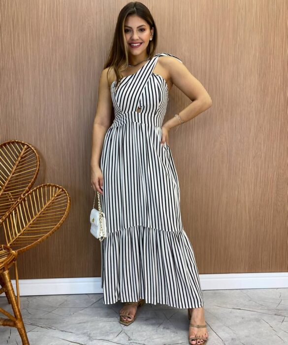 Vestido Midi com Bojo Nula Manga com Amarração no Ombro Listrado Preto - Fernanda Ramos Store